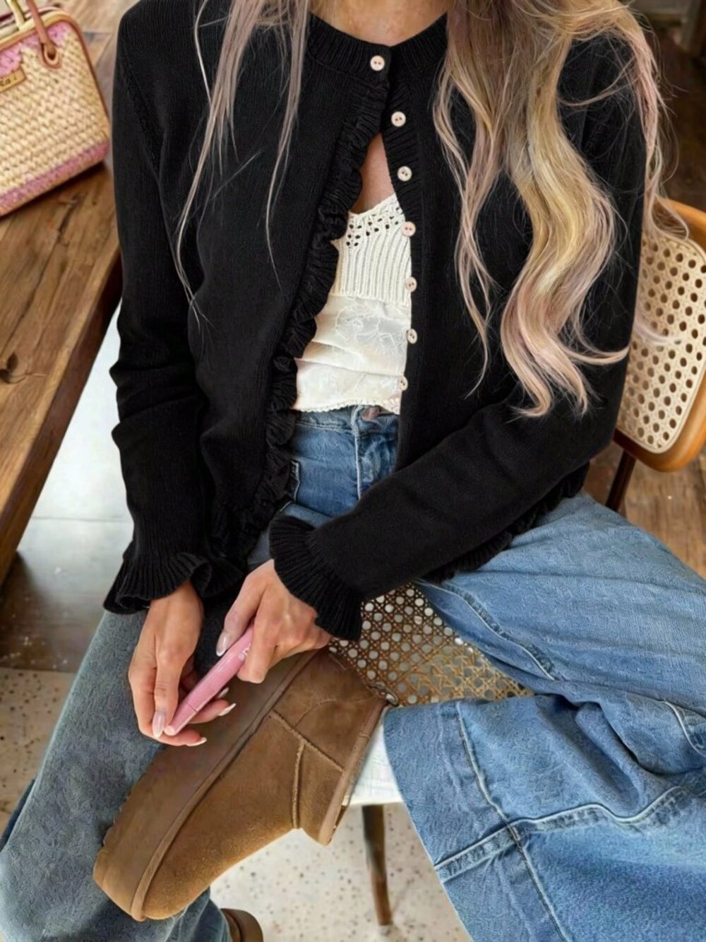 black Elegant Womens Round Neck long Sleeve button down Knit Sweater cardigan